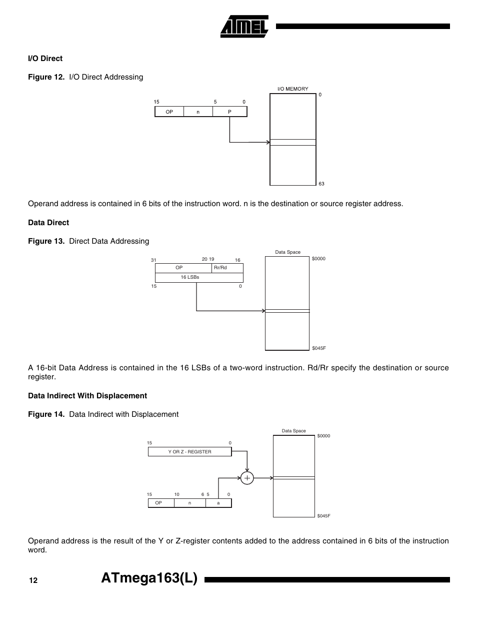 I/o direct, Data direct, Data indirect with displacement | Atmega163(l) | Rainbow Electronics ATmega163L User Manual | Page 12 / 156