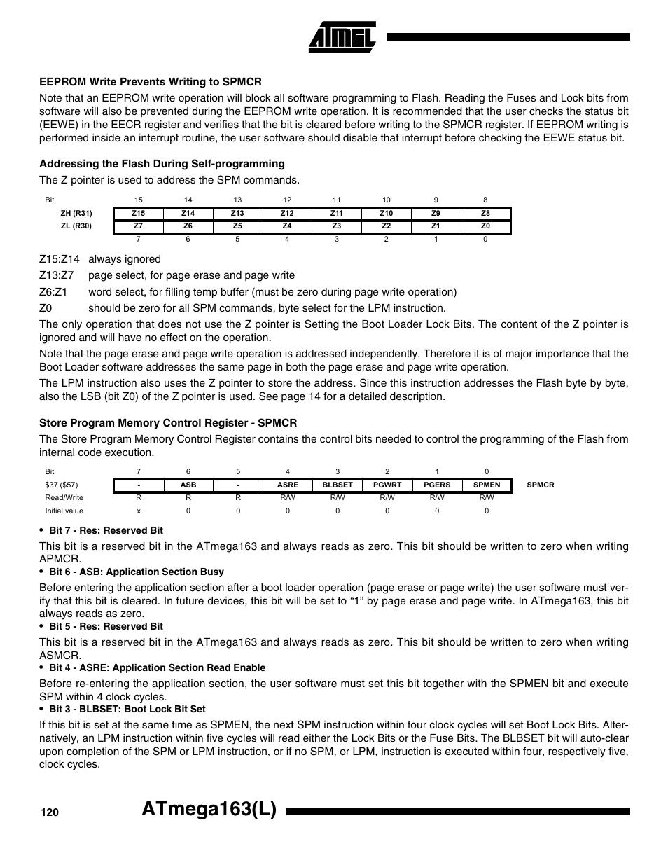 Eeprom write prevents writing to spmcr, Addressing the flash during self-programming, Store program memory control register - spmcr | Atmega163(l) | Rainbow Electronics ATmega163L User Manual | Page 120 / 156