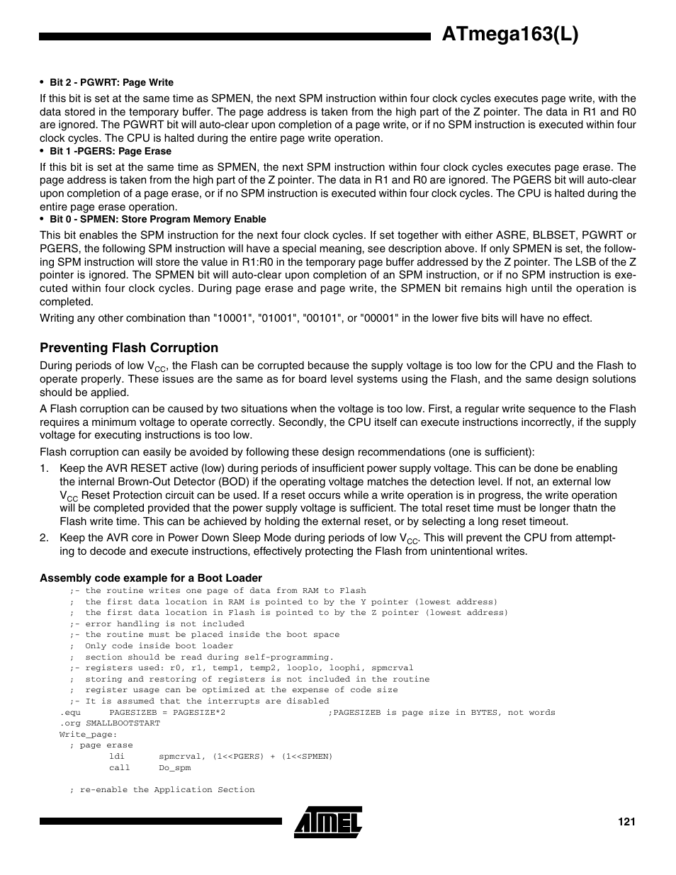 Preventing flash corruption, Assembly code example for a boot loader, Atmega163(l) | Rainbow Electronics ATmega163L User Manual | Page 121 / 156