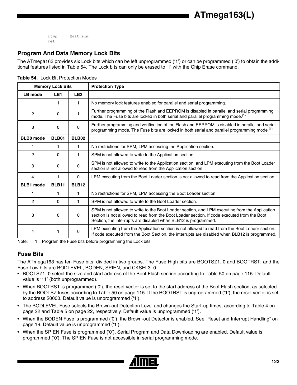 Program and data memory lock bits, Fuse bits, Atmega163(l) | Rainbow Electronics ATmega163L User Manual | Page 123 / 156