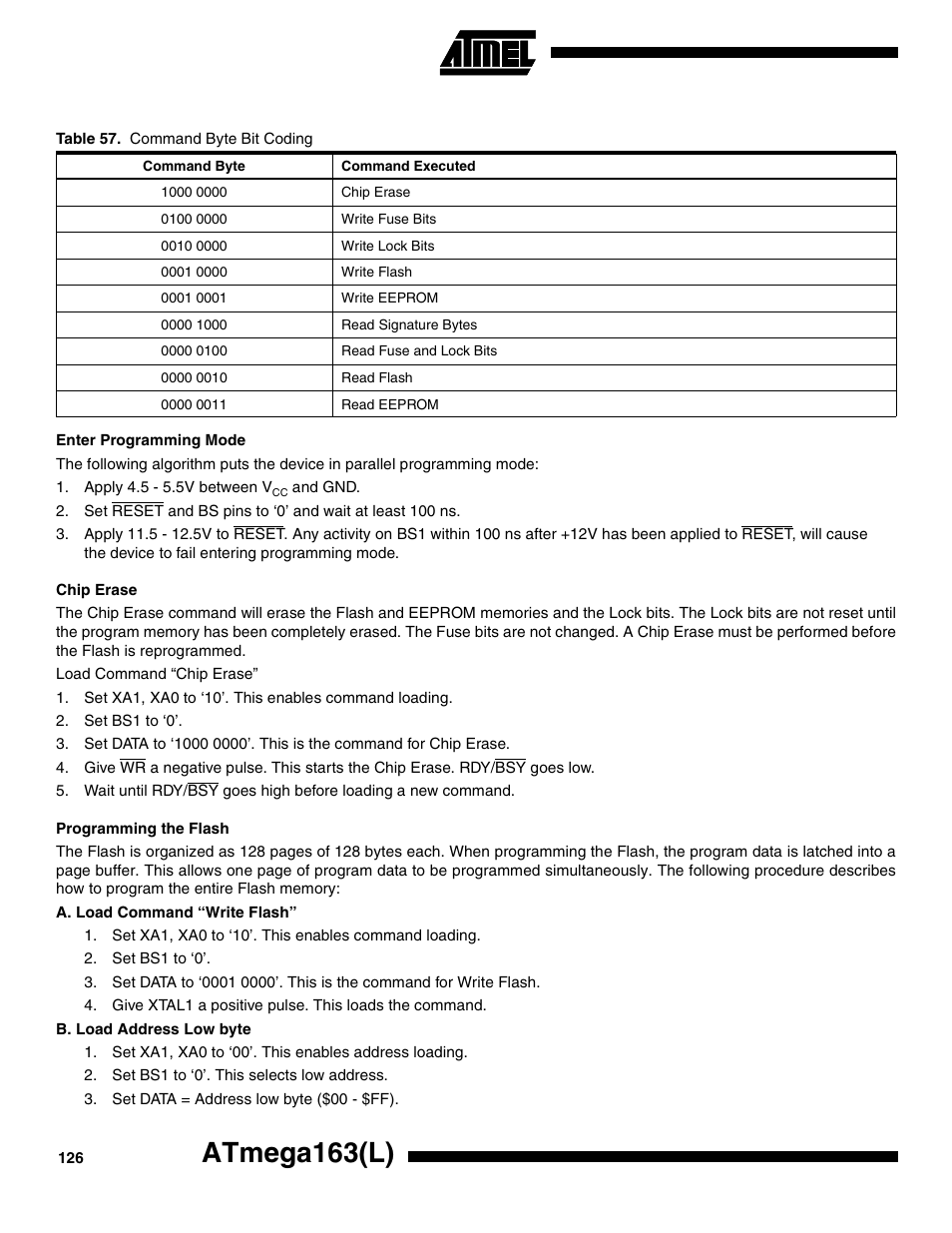 Enter programming mode, Chip erase, Programming the flash | Table 57, Atmega163(l) | Rainbow Electronics ATmega163L User Manual | Page 126 / 156
