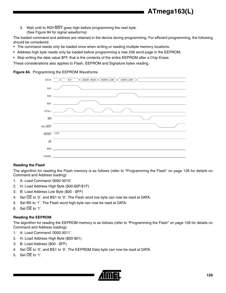 Reading the flash, Reading the eeprom, Atmega163(l) | Rainbow Electronics ATmega163L User Manual | Page 129 / 156