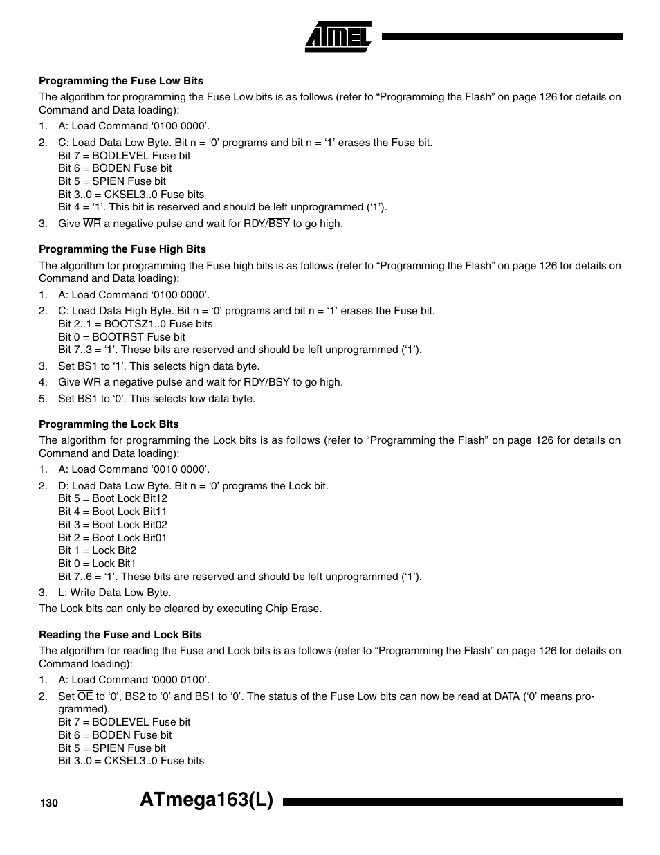 Programming the fuse low bits, Programming the fuse high bits, Programming the lock bits | Reading the fuse and lock bits, Atmega163(l) | Rainbow Electronics ATmega163L User Manual | Page 130 / 156
