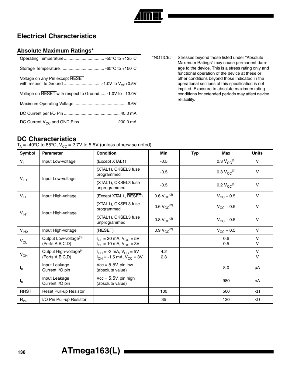 Electrical characteristics, Absolute maximum ratings, Dc characteristics | Atmega163(l) | Rainbow Electronics ATmega163L User Manual | Page 138 / 156