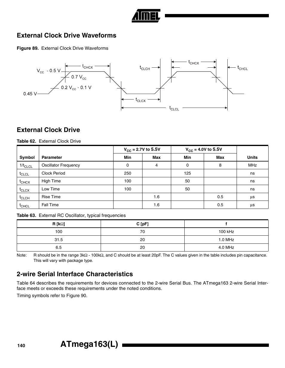 External clock drive waveforms, External clock drive, Wire serial interface characteristics | Atmega163(l) | Rainbow Electronics ATmega163L User Manual | Page 140 / 156
