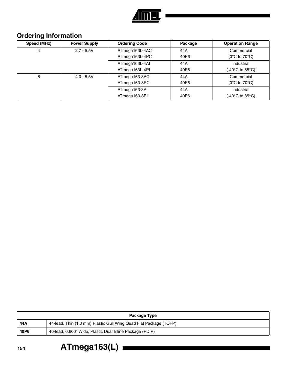 Ordering information, Atmega163(l) | Rainbow Electronics ATmega163L User Manual | Page 154 / 156