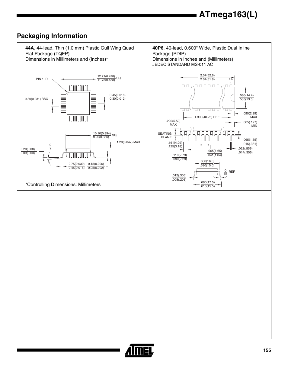 Atmega163(l), Packaging information, Controlling dimensions: millimeters | Rainbow Electronics ATmega163L User Manual | Page 155 / 156