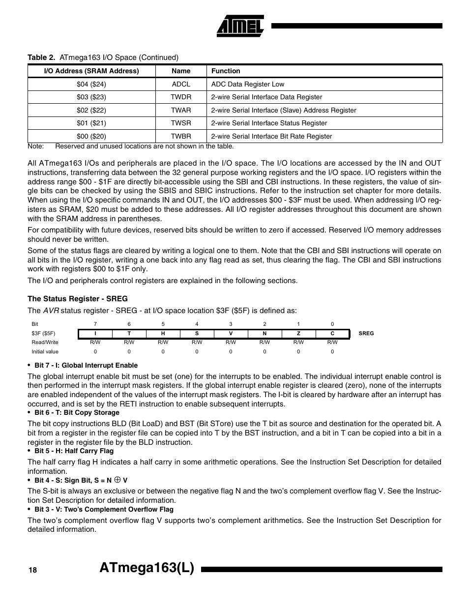 The status register - sreg, Atmega163(l) | Rainbow Electronics ATmega163L User Manual | Page 18 / 156