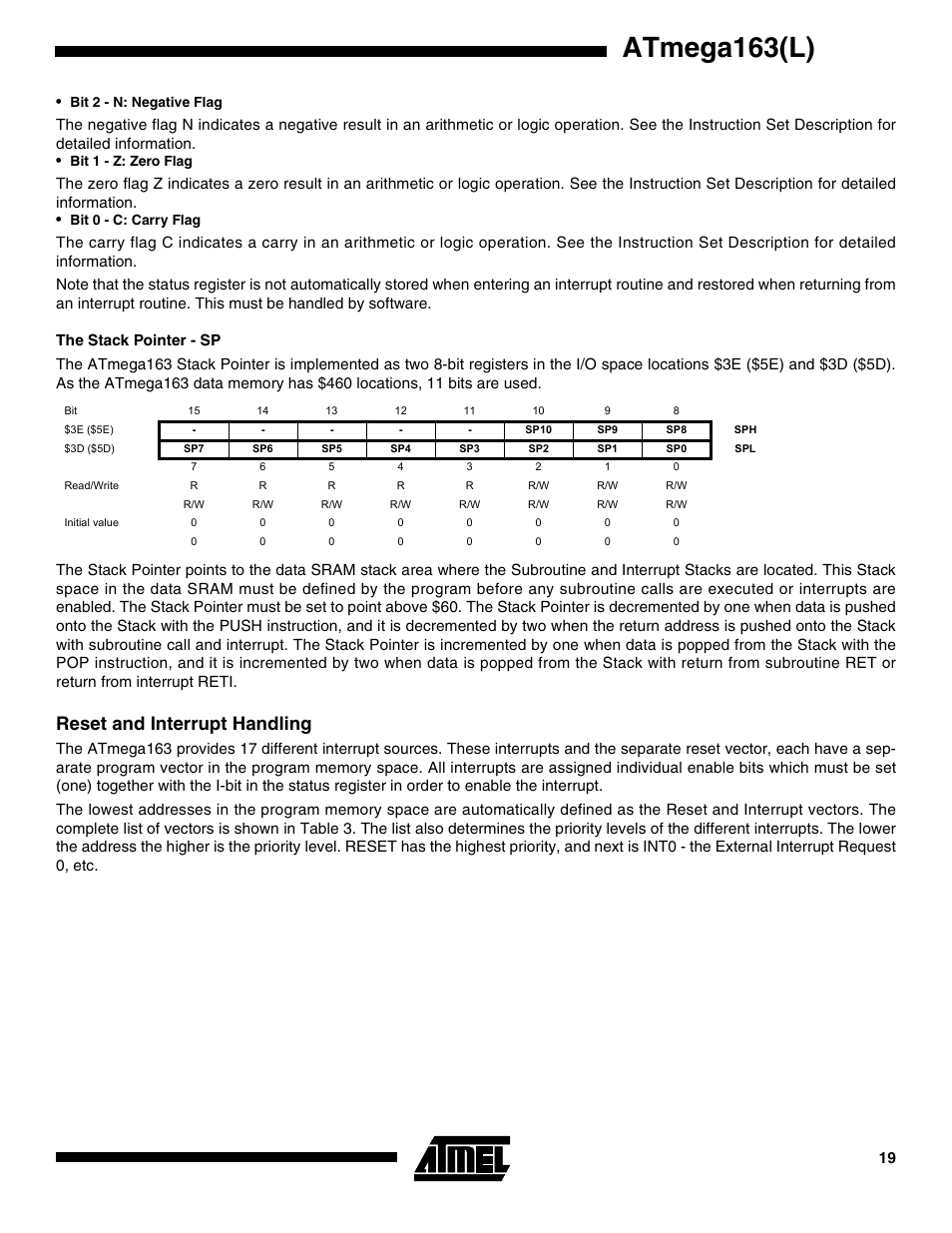The stack pointer - sp, Reset and interrupt handling, Atmega163(l) | Rainbow Electronics ATmega163L User Manual | Page 19 / 156