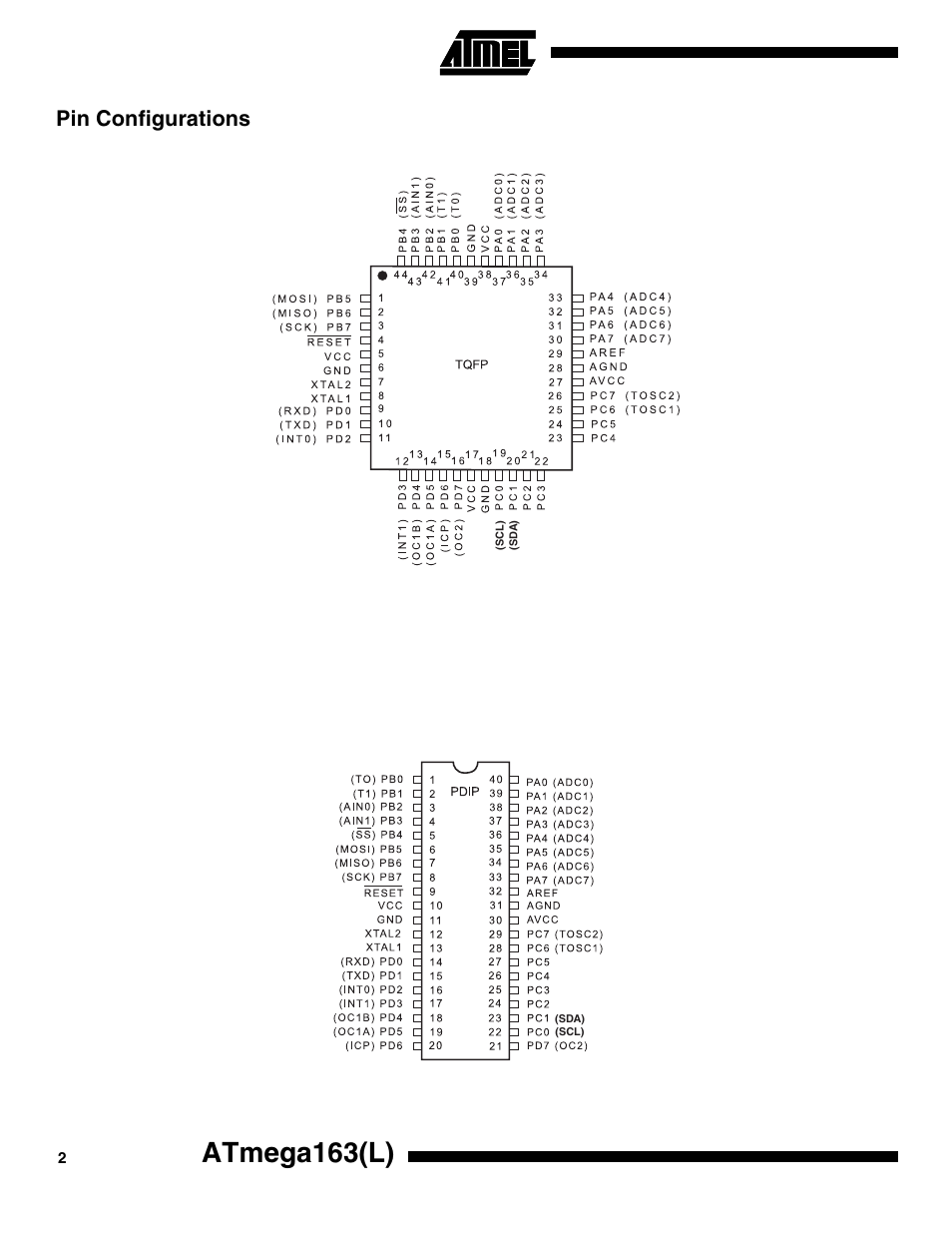 Pin configurations, Atmega163(l) | Rainbow Electronics ATmega163L User Manual | Page 2 / 156