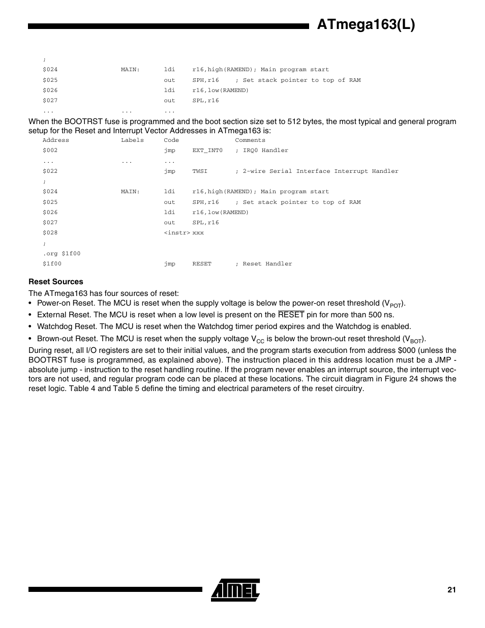 Reset sources, Atmega163(l) | Rainbow Electronics ATmega163L User Manual | Page 21 / 156