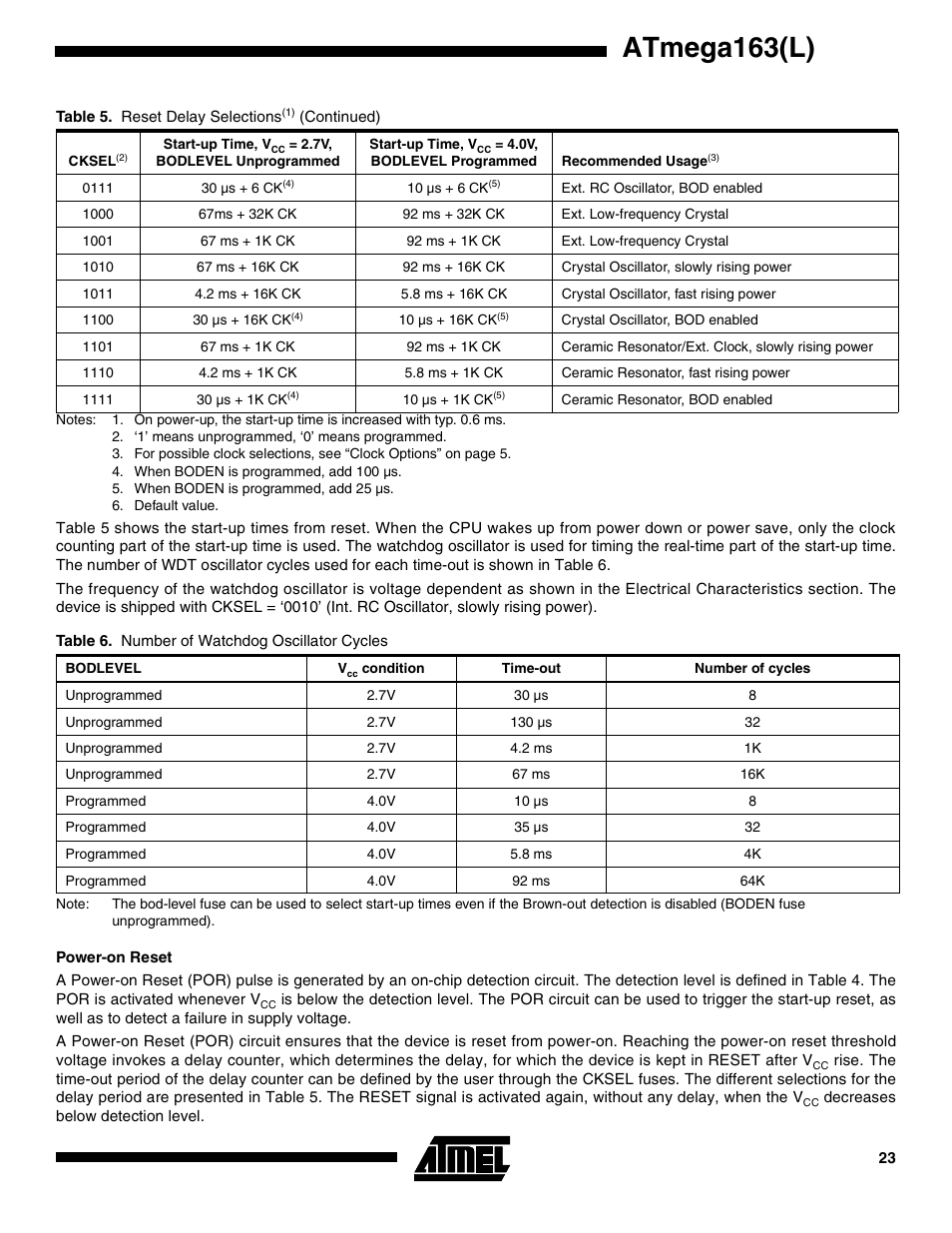 Power-on reset, Atmega163(l) | Rainbow Electronics ATmega163L User Manual | Page 23 / 156