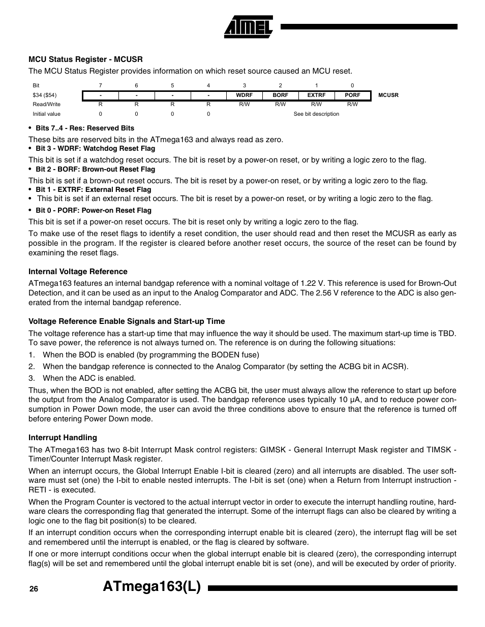 Mcu status register - mcusr, Internal voltage reference, Voltage reference enable signals and start-up time | Interrupt handling, Atmega163(l) | Rainbow Electronics ATmega163L User Manual | Page 26 / 156
