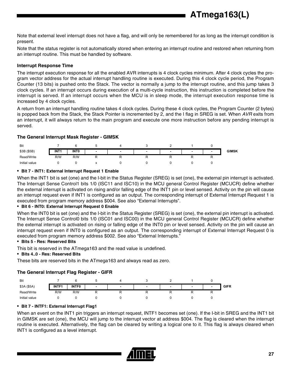 Interrupt response time, The general interrupt mask register - gimsk, The general interrupt flag register - gifr | Atmega163(l) | Rainbow Electronics ATmega163L User Manual | Page 27 / 156