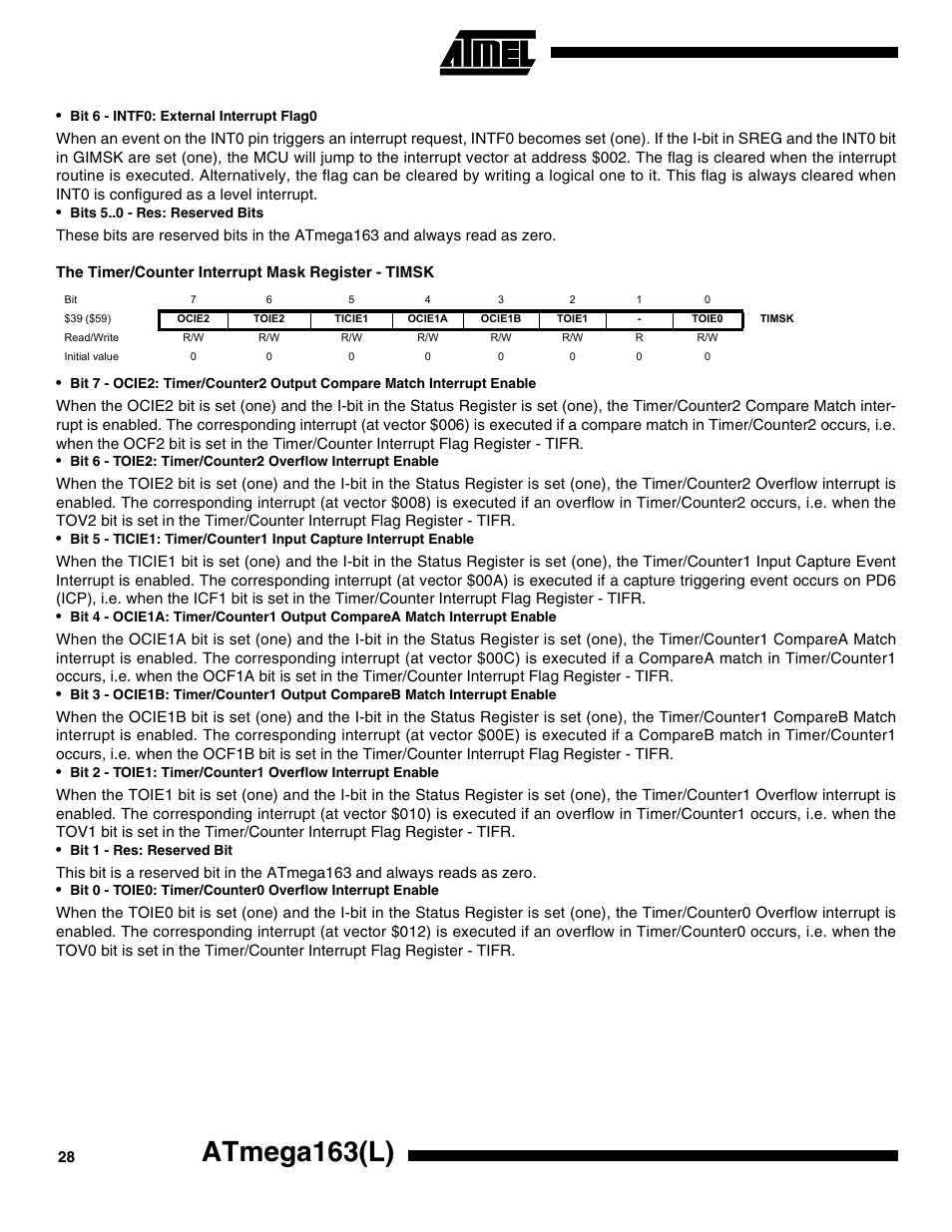 The timer/counter interrupt mask register - timsk, Atmega163(l) | Rainbow Electronics ATmega163L User Manual | Page 28 / 156