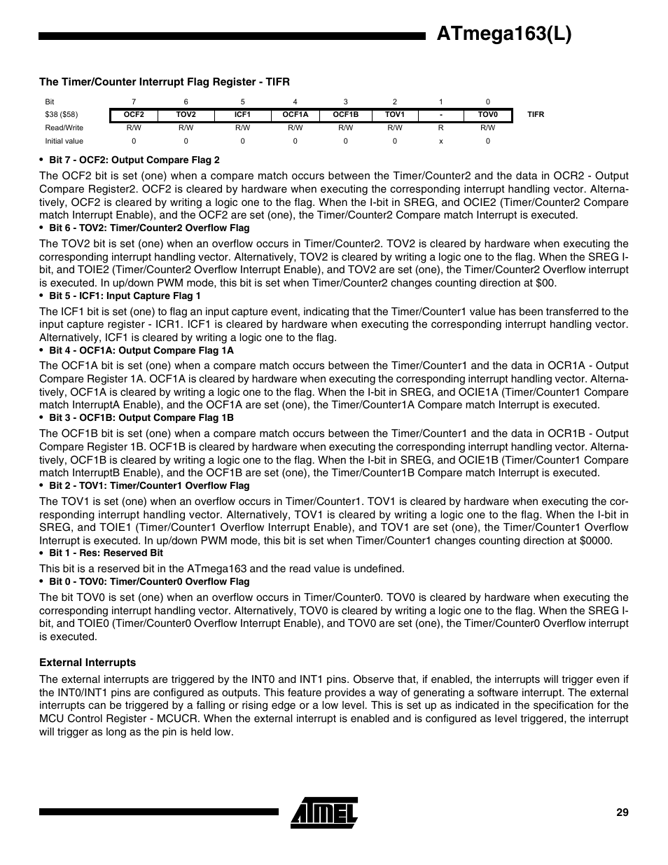 The timer/counter interrupt flag register - tifr, External interrupts, Atmega163(l) | Rainbow Electronics ATmega163L User Manual | Page 29 / 156