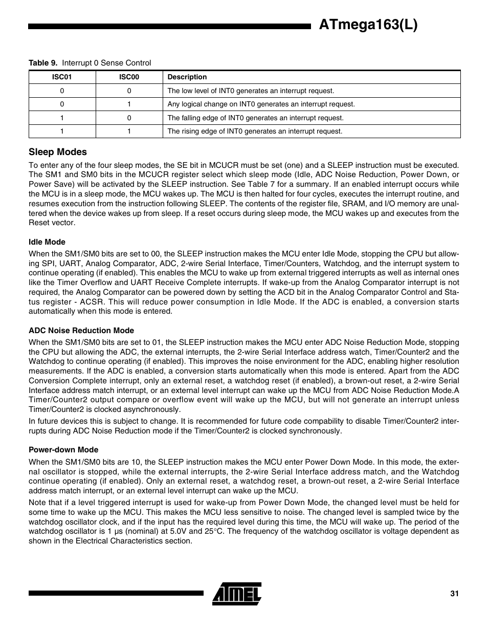 Sleep modes, Idle mode, Adc noise reduction mode | Power-down mode, Atmega163(l) | Rainbow Electronics ATmega163L User Manual | Page 31 / 156