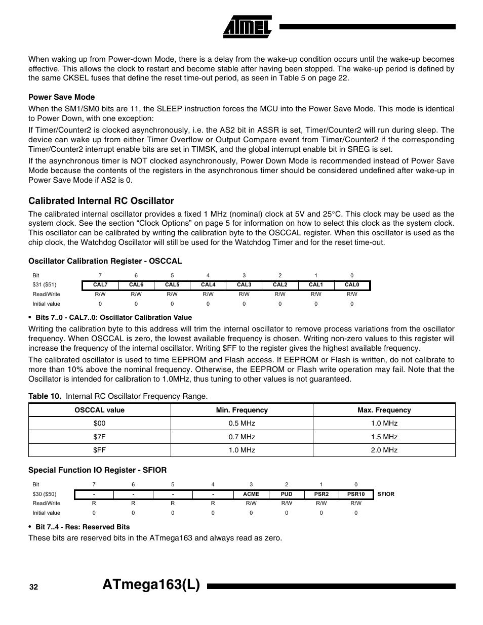 Power save mode, Calibrated internal rc oscillator, Oscillator calibration register - osccal | Special function io register - sfior, Atmega163(l) | Rainbow Electronics ATmega163L User Manual | Page 32 / 156