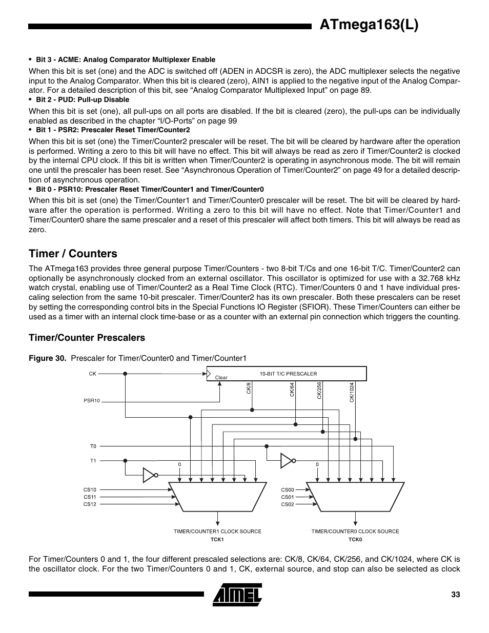 Timer / counters, Timer/counter prescalers, Atmega163(l) | Rainbow Electronics ATmega163L User Manual | Page 33 / 156