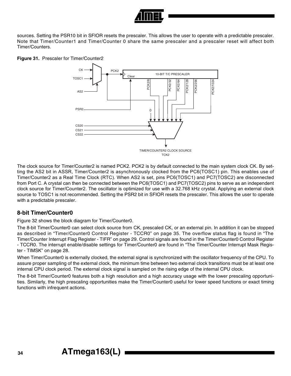 Bit timer/counter0, Atmega163(l) | Rainbow Electronics ATmega163L User Manual | Page 34 / 156