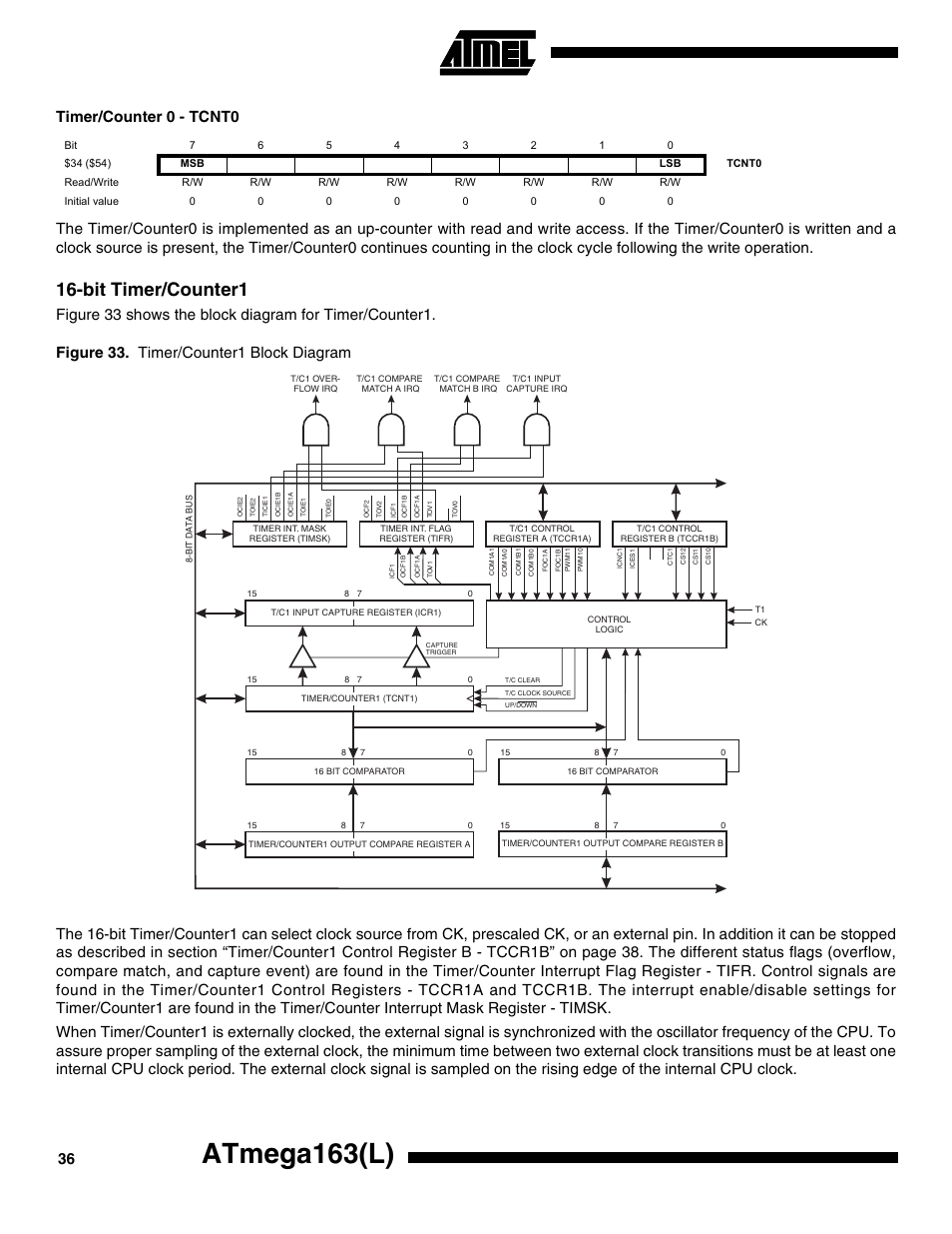 Timer/counter 0 - tcnt0, Bit timer/counter1, Atmega163(l) | Rainbow Electronics ATmega163L User Manual | Page 36 / 156
