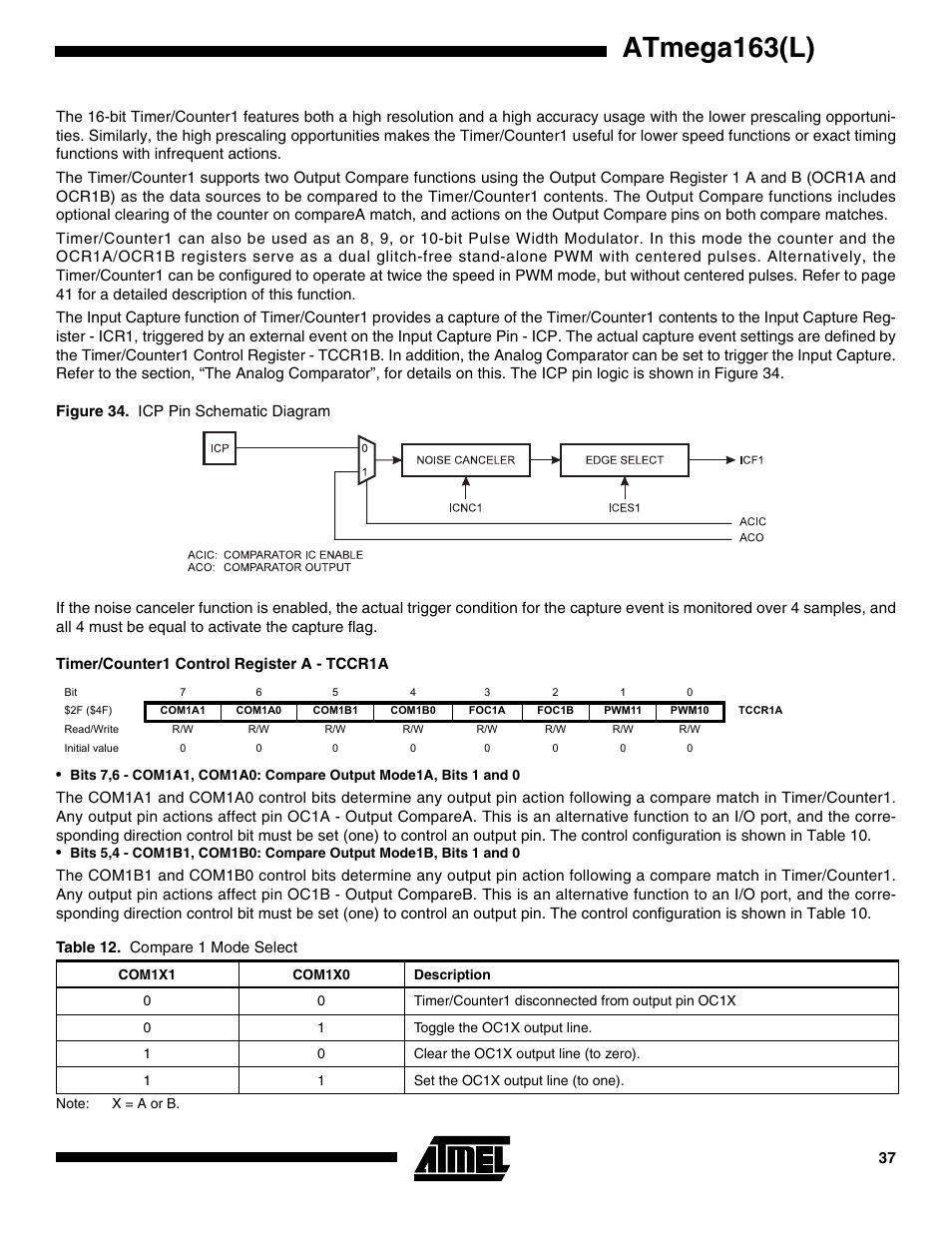 Timer/counter1 control register a - tccr1a, Atmega163(l) | Rainbow Electronics ATmega163L User Manual | Page 37 / 156