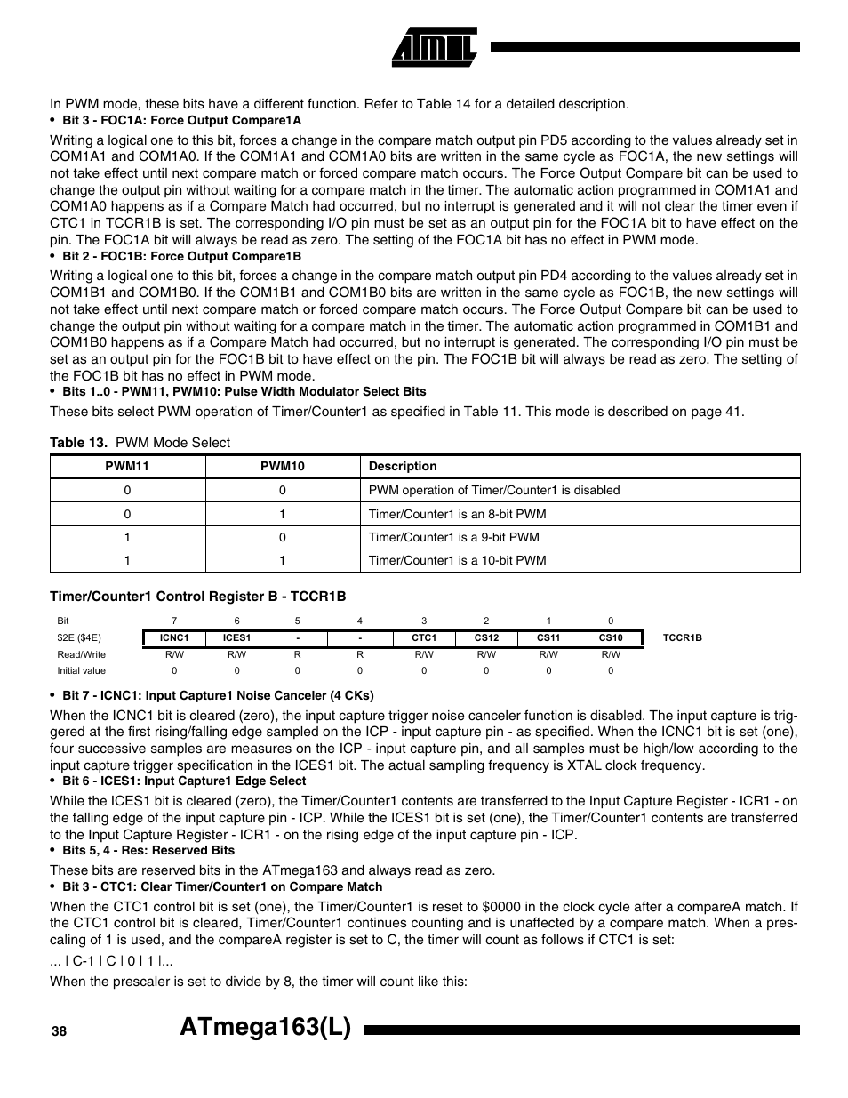 Timer/counter1 control register b - tccr1b, Atmega163(l) | Rainbow Electronics ATmega163L User Manual | Page 38 / 156