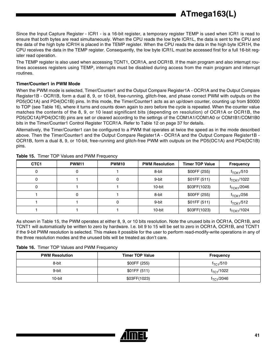 Timer/counter1 in pwm mode, Atmega163(l) | Rainbow Electronics ATmega163L User Manual | Page 41 / 156