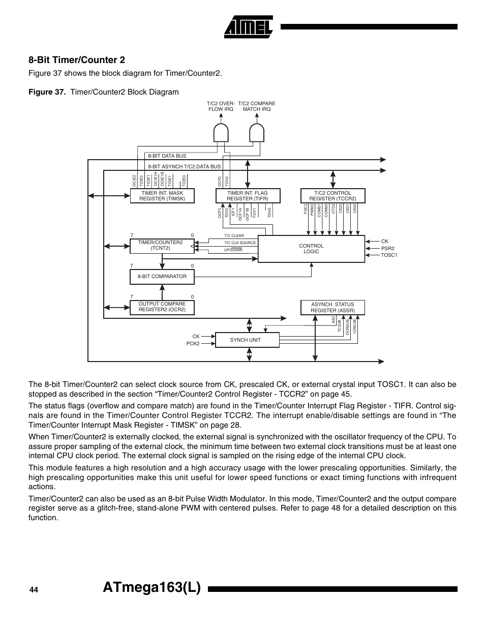 Bit timer/counter 2, Atmega163(l) | Rainbow Electronics ATmega163L User Manual | Page 44 / 156