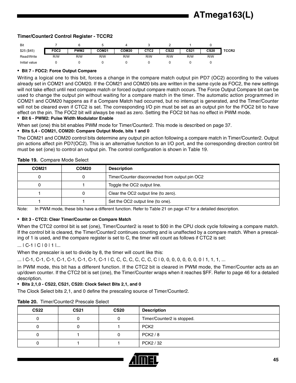 Timer/counter2 control register - tccr2, Atmega163(l) | Rainbow Electronics ATmega163L User Manual | Page 45 / 156