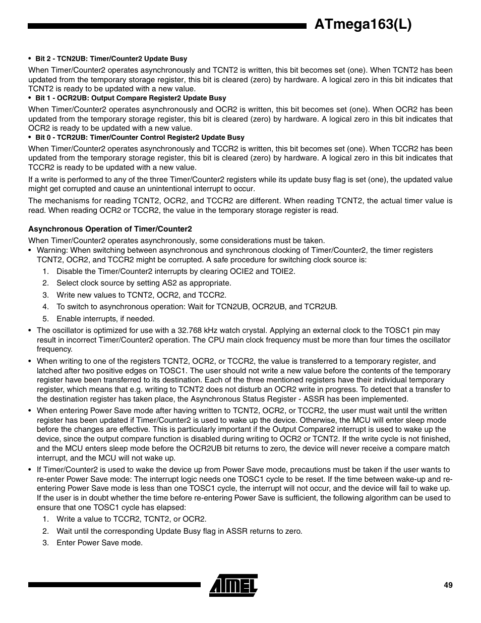 Asynchronous operation of timer/counter2, Atmega163(l) | Rainbow Electronics ATmega163L User Manual | Page 49 / 156