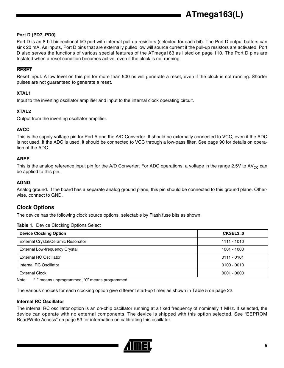 Port d (pd7..pd0), Reset, Xtal1 | Xtal2, Avcc, Aref, Agnd, Clock options, Internal rc oscillator, Atmega163(l) | Rainbow Electronics ATmega163L User Manual | Page 5 / 156