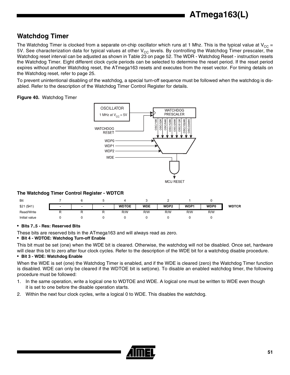 Watchdog timer, The watchdog timer control register - wdtcr, Atmega163(l) | Rainbow Electronics ATmega163L User Manual | Page 51 / 156