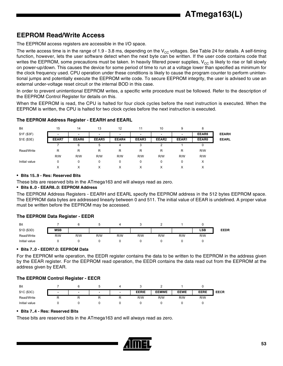 Eeprom read/write access, The eeprom address register - eearh and eearl, The eeprom data register - eedr | The eeprom control register - eecr, Atmega163(l) | Rainbow Electronics ATmega163L User Manual | Page 53 / 156