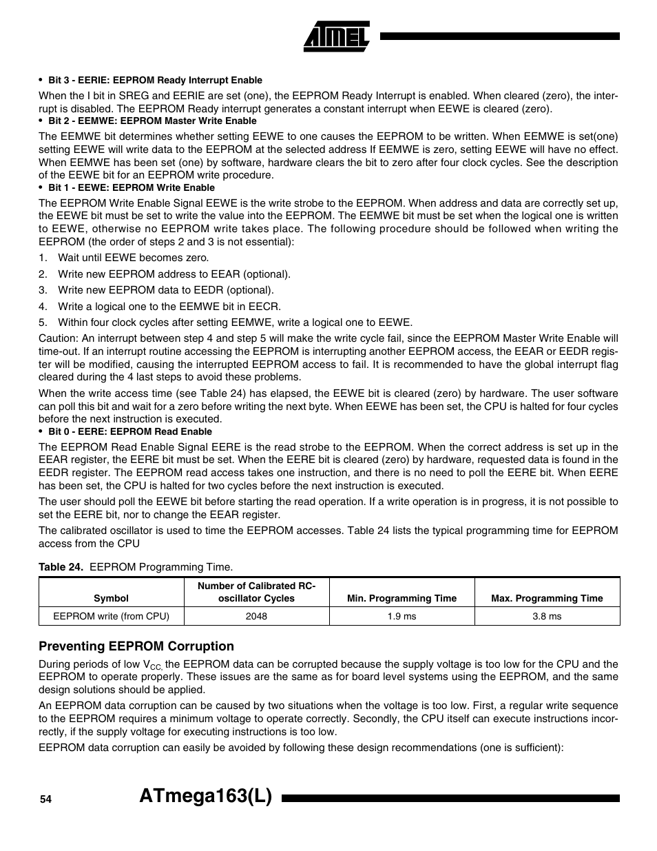 Preventing eeprom corruption, Atmega163(l) | Rainbow Electronics ATmega163L User Manual | Page 54 / 156