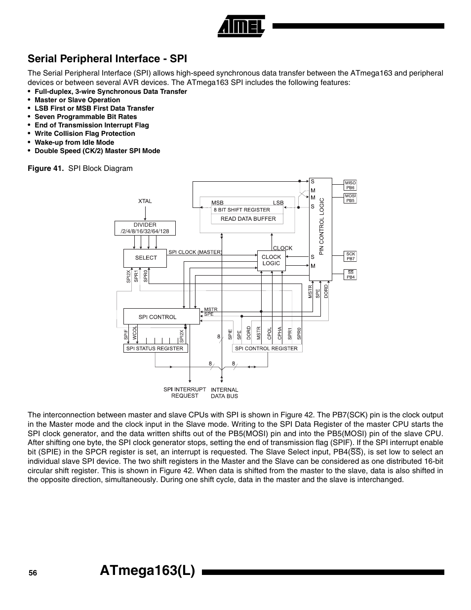 Serial peripheral interface - spi, Atmega163(l) | Rainbow Electronics ATmega163L User Manual | Page 56 / 156