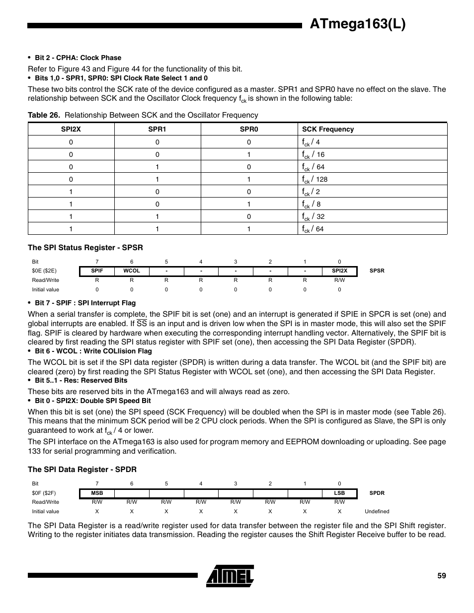 The spi status register - spsr, The spi data register - spdr, Atmega163(l) | Rainbow Electronics ATmega163L User Manual | Page 59 / 156