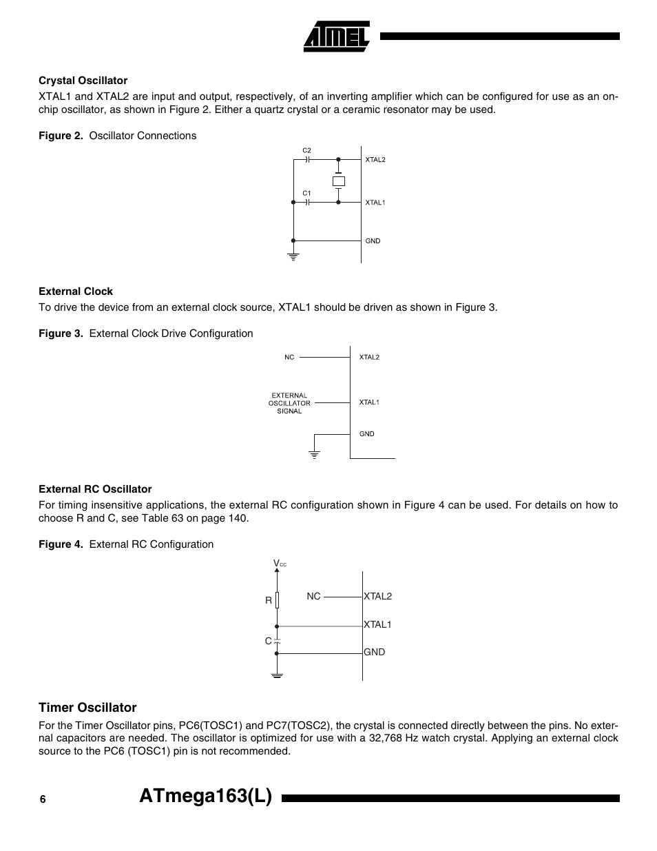 Crystal oscillator, External clock, External rc oscillator | Timer oscillator, Atmega163(l) | Rainbow Electronics ATmega163L User Manual | Page 6 / 156