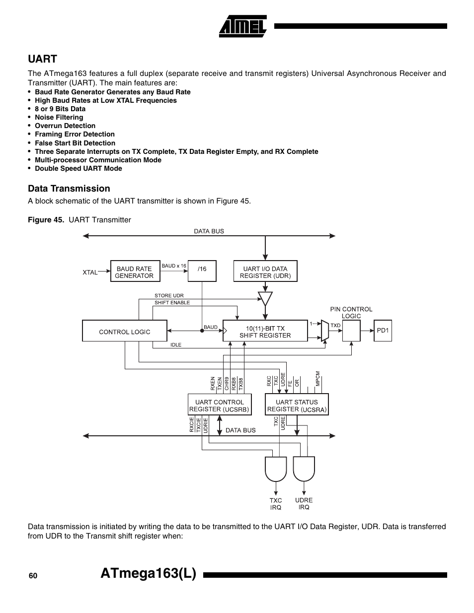 Uart, Data transmission, Atmega163(l) | Rainbow Electronics ATmega163L User Manual | Page 60 / 156