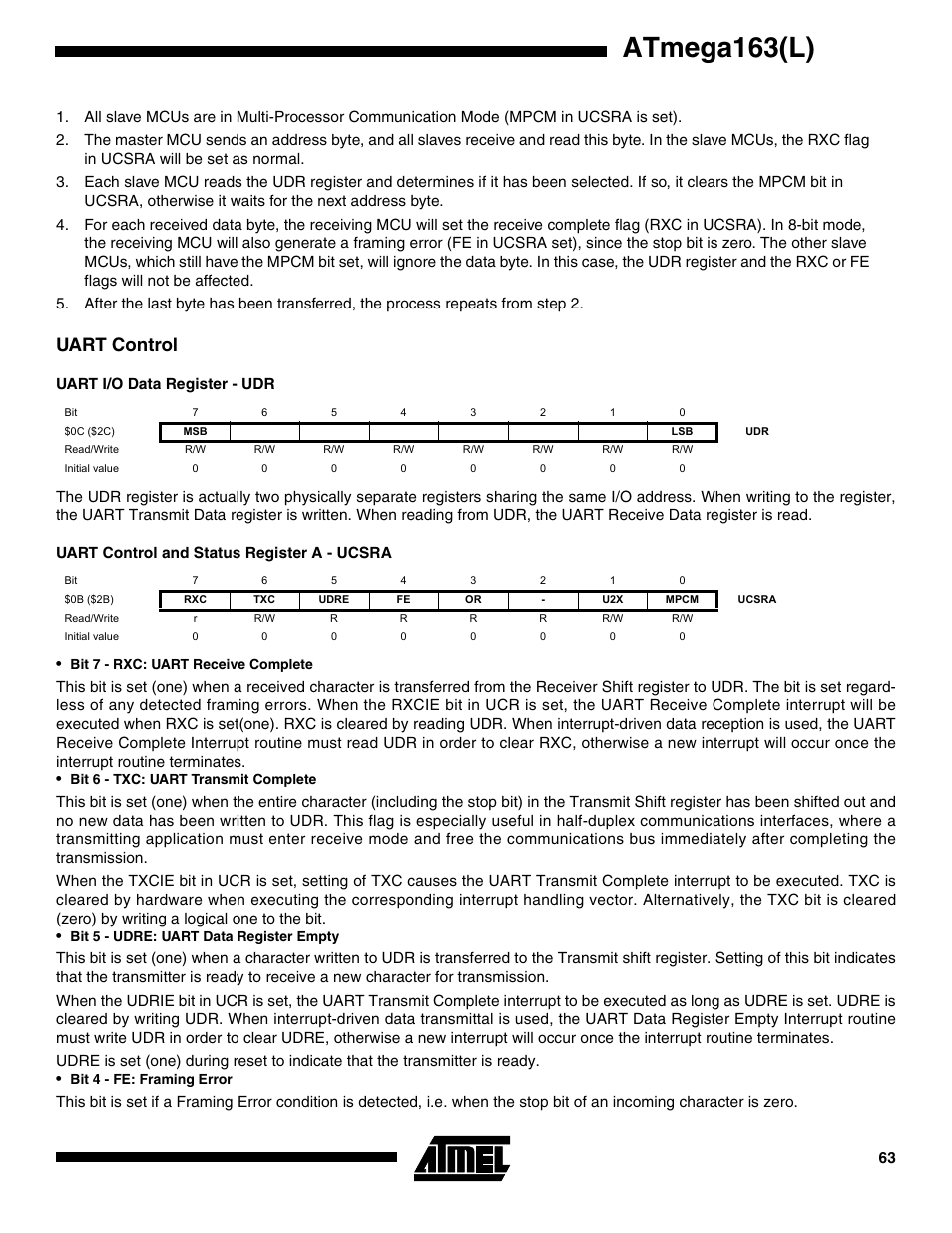 Uart control, Uart i/o data register - udr, Uart control and status register a - ucsra | Atmega163(l) | Rainbow Electronics ATmega163L User Manual | Page 63 / 156