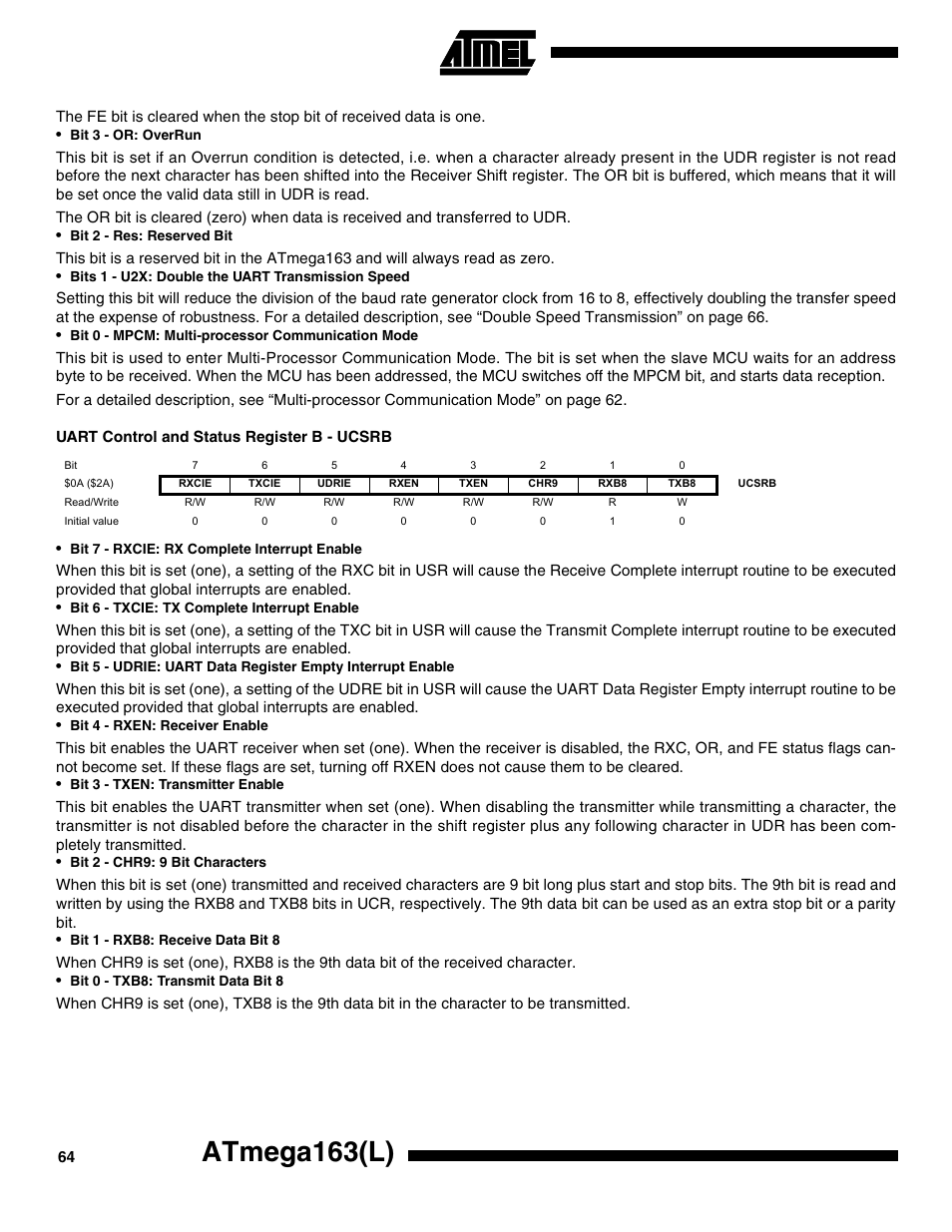 Uart control and status register b - ucsrb, Atmega163(l) | Rainbow Electronics ATmega163L User Manual | Page 64 / 156