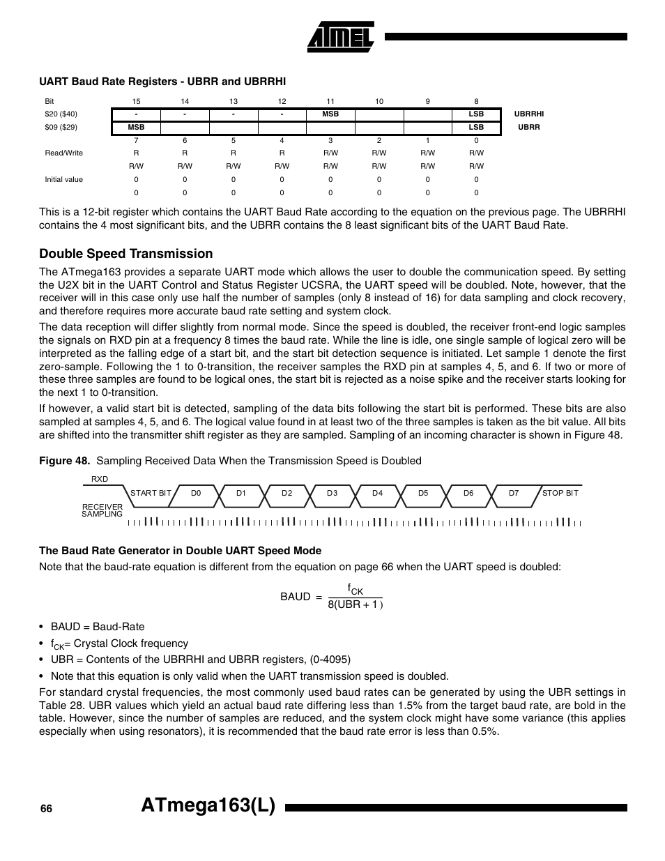 Uart baud rate registers - ubrr and ubrrhi, Double speed transmission, The baud rate generator in double uart speed mode | Atmega163(l), Baud f, 8(ubr 1 ) | Rainbow Electronics ATmega163L User Manual | Page 66 / 156