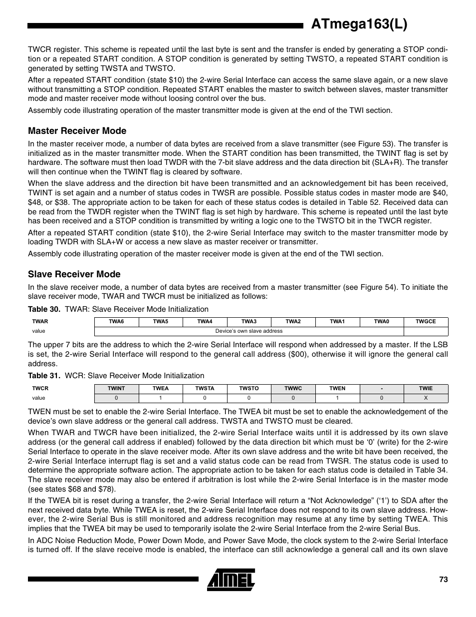 Master receiver mode, Slave receiver mode, Atmega163(l) | Rainbow Electronics ATmega163L User Manual | Page 73 / 156
