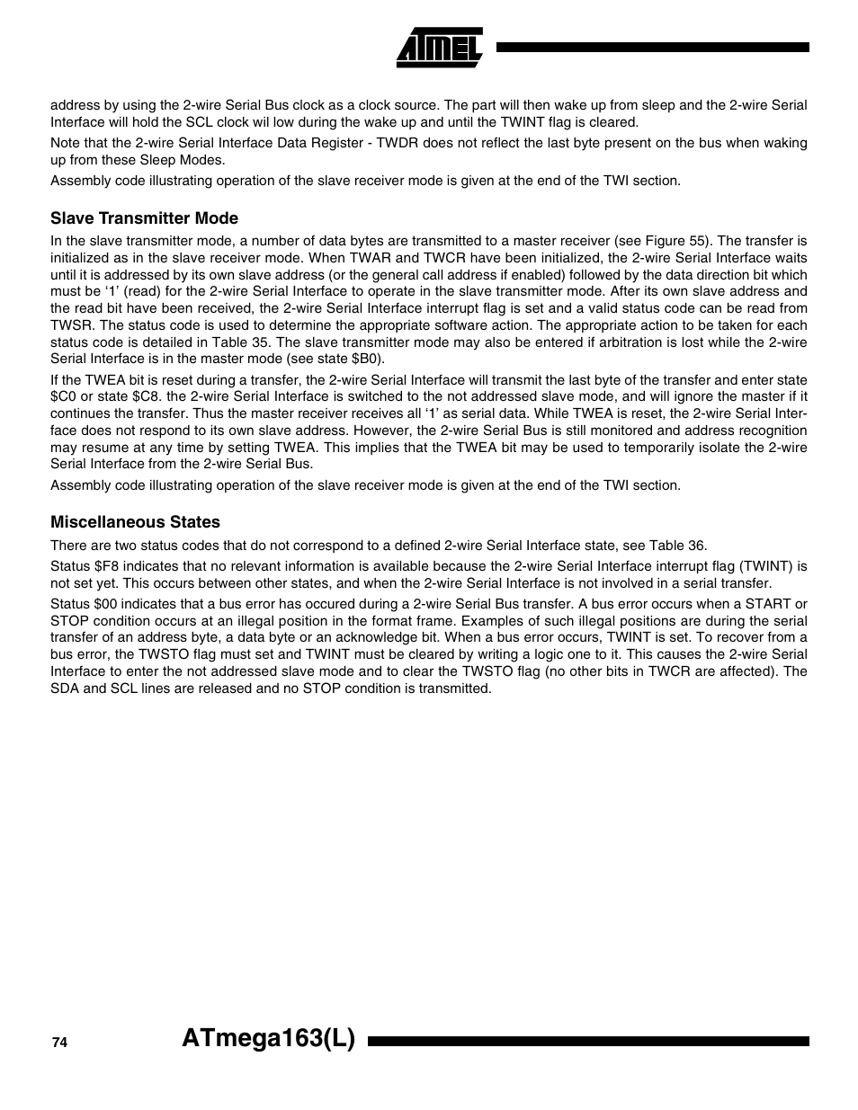 Slave transmitter mode, Miscellaneous states, Atmega163(l) | Rainbow Electronics ATmega163L User Manual | Page 74 / 156