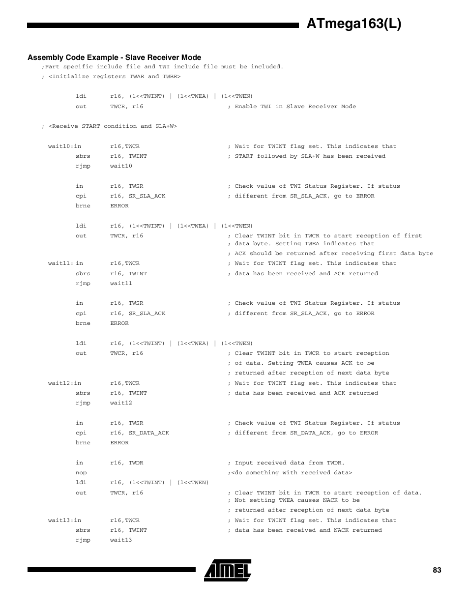 Assembly code example - slave receiver mode, Atmega163(l) | Rainbow Electronics ATmega163L User Manual | Page 83 / 156