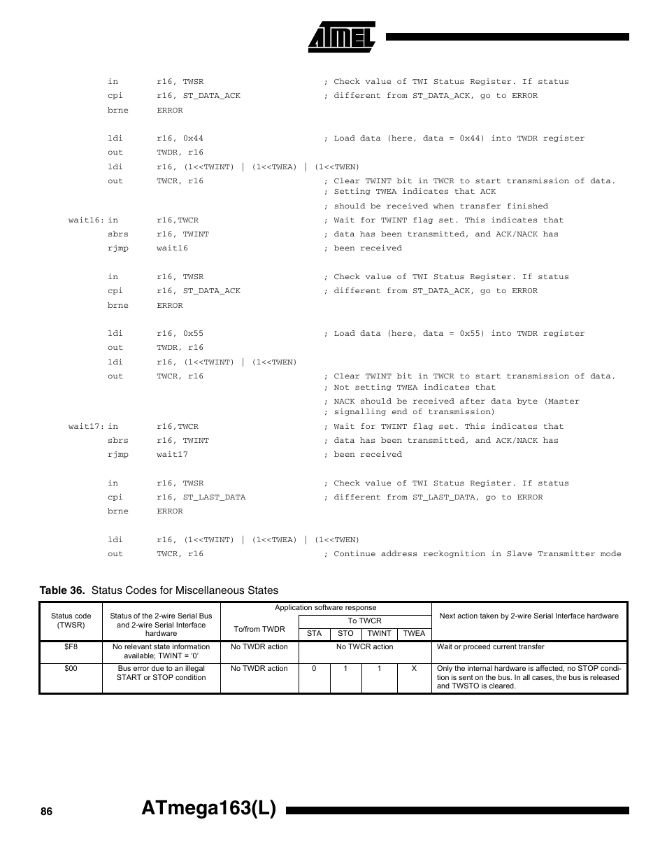 To table 36, Atmega163(l) | Rainbow Electronics ATmega163L User Manual | Page 86 / 156