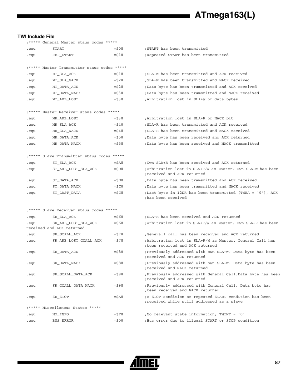 Twi include file, Atmega163(l) | Rainbow Electronics ATmega163L User Manual | Page 87 / 156