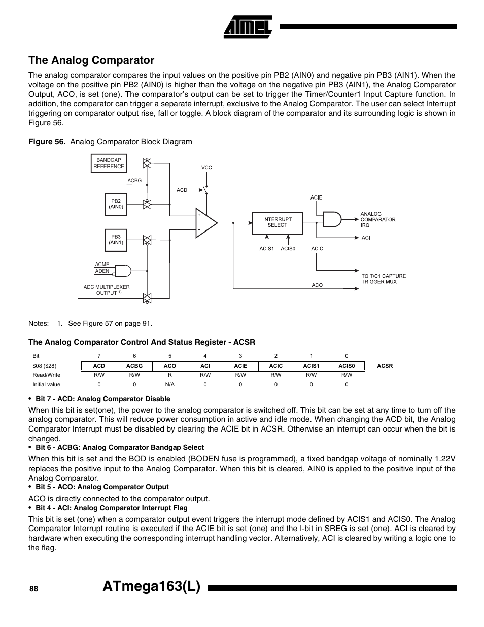 The analog comparator, Atmega163(l) | Rainbow Electronics ATmega163L User Manual | Page 88 / 156