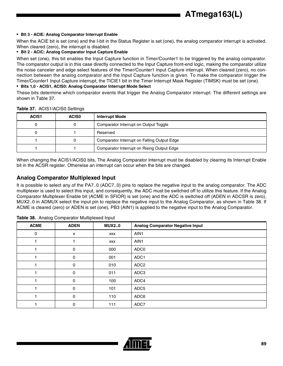 Analog comparator multiplexed input, Atmega163(l) | Rainbow Electronics ATmega163L User Manual | Page 89 / 156