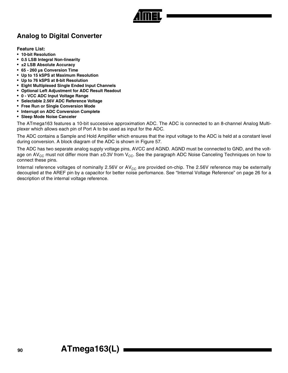 Analog to digital converter, Feature list, Atmega163(l) | Rainbow Electronics ATmega163L User Manual | Page 90 / 156